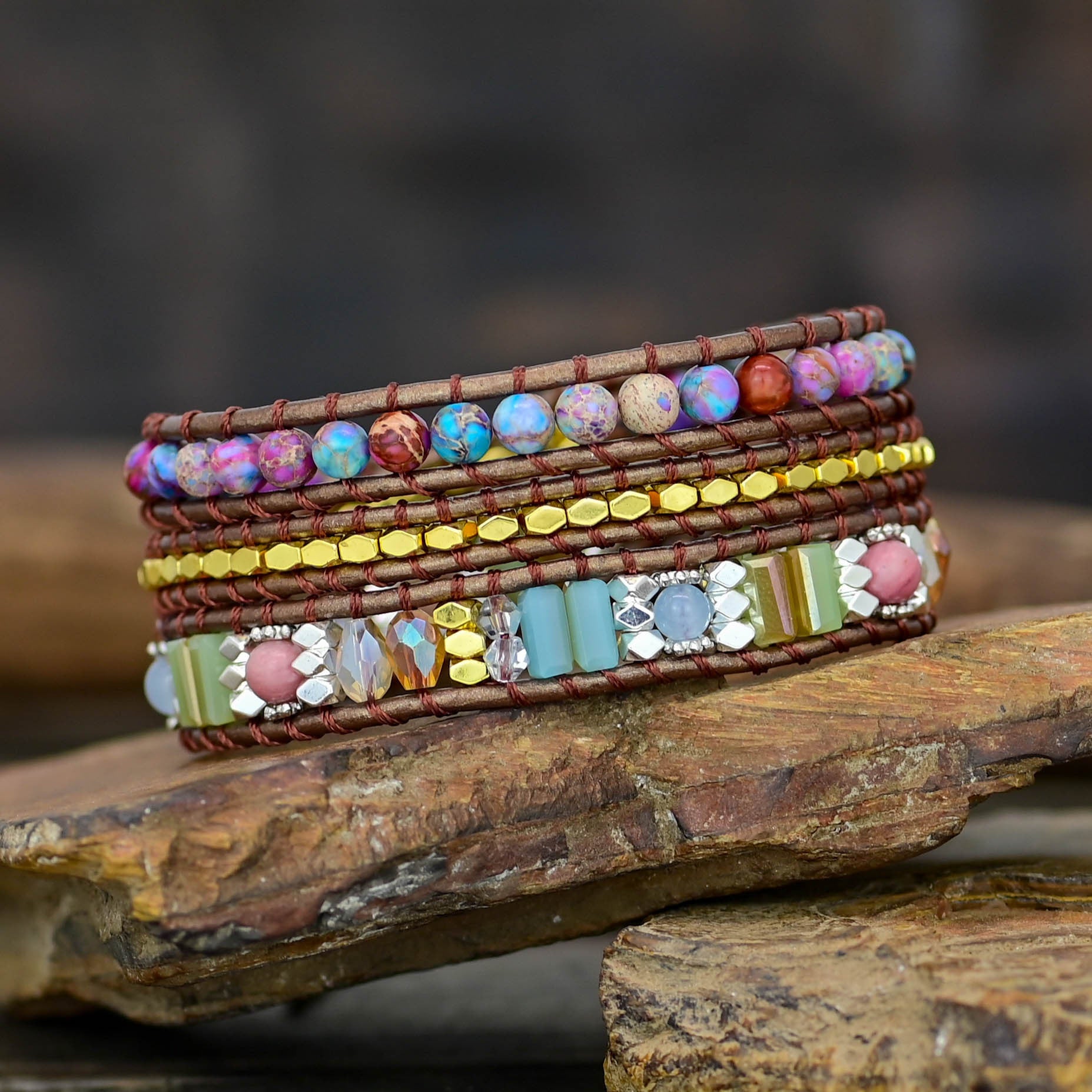Purple Flower Stone Bracelet Boho